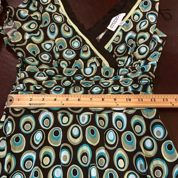 Studio I Dress Womens 8 Green Geometric Print Short Cap Sleeve Career Casual - Picture 4 of 7